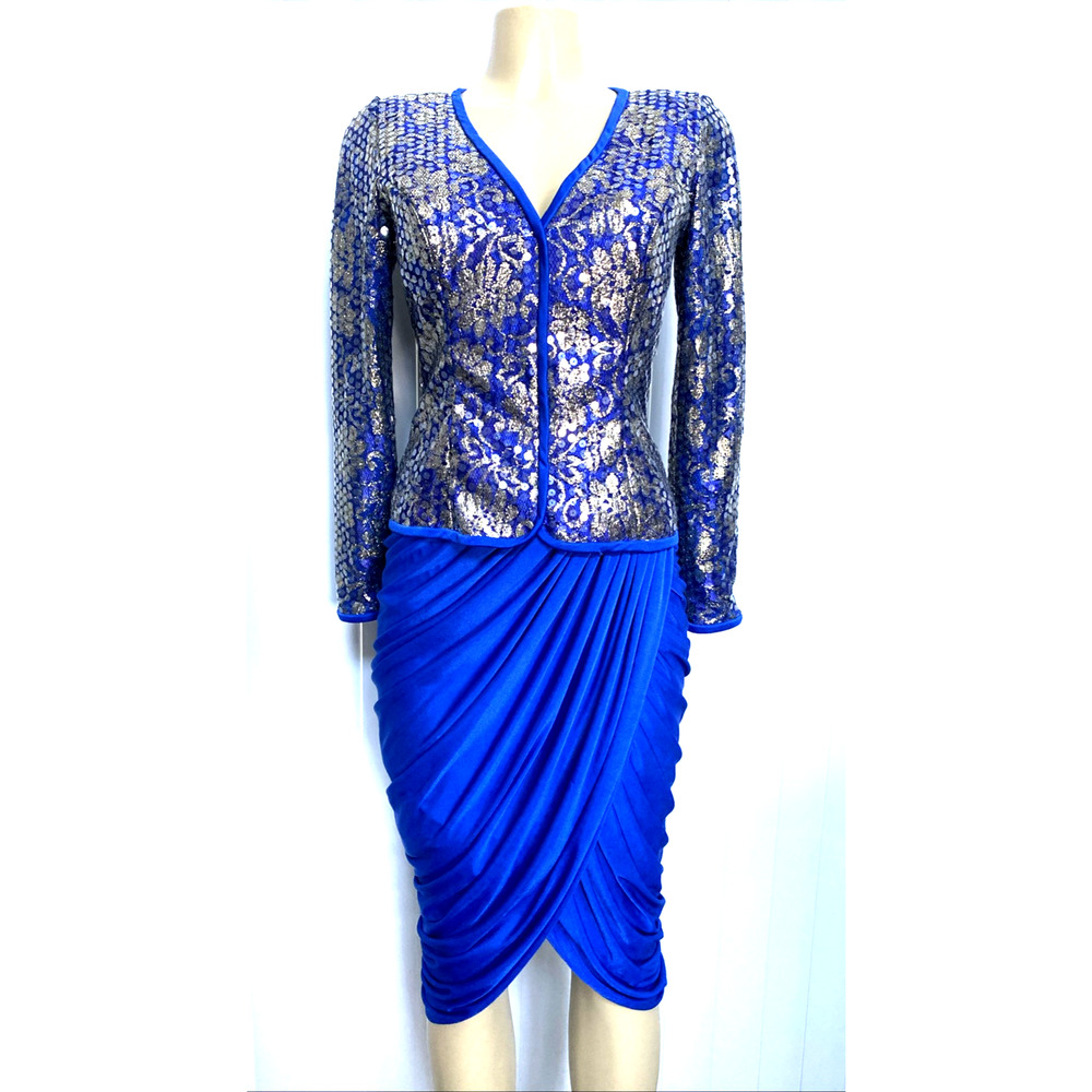 Vintage Tadashi Dress Blue Gold Sequin Long Sleeve V Neck Embellished Ru…